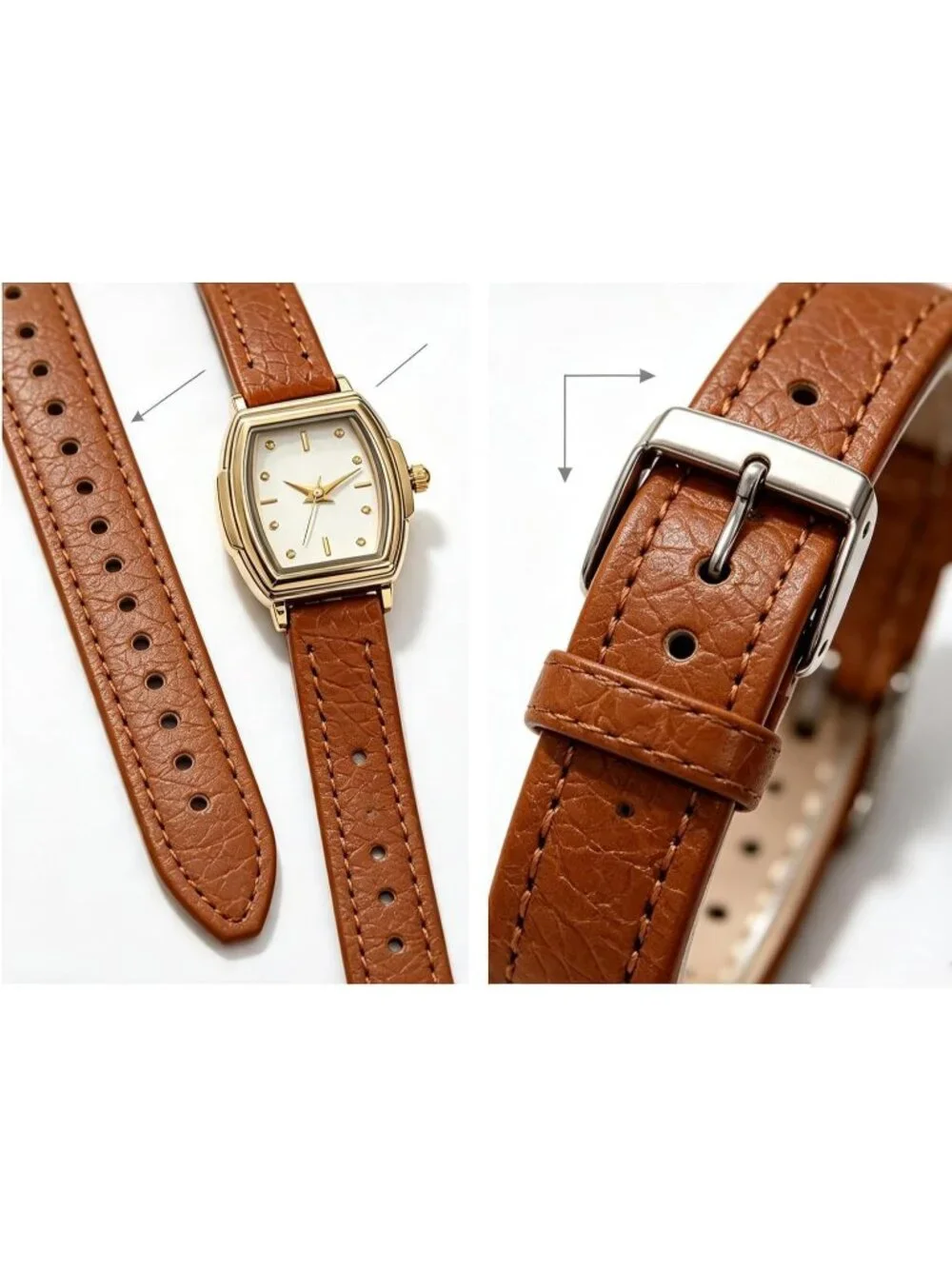 Women's Brown Rectangular Case Metal Case Simple Dial Leather Strap Wrist Watch